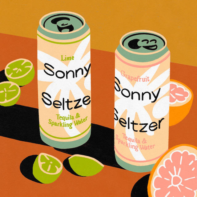 A colorful illustration of two cans of Sonny Seltzer