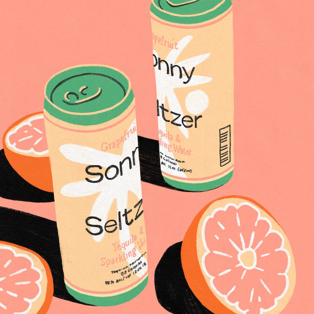 A colorful illustration of two cans of Sonny Seltzer