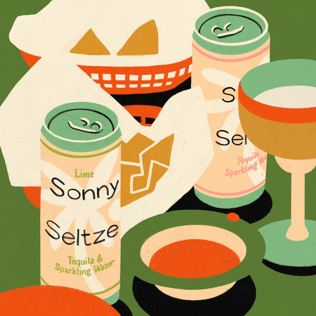 A colorful illustration of two cans of Sonny Seltzer among some tacos