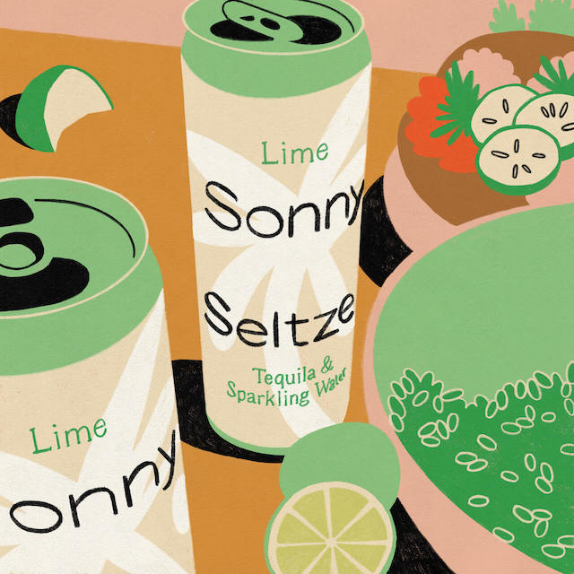 A colorful illustration of two cans of Sonny Seltzer among some ensaladas y limons