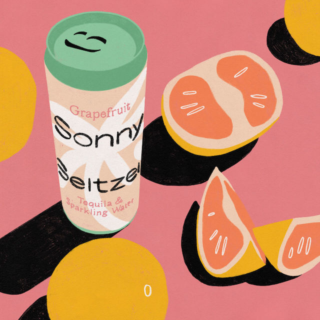 A colorful illustration of two cans of Sonny Seltzer among some blood oranges