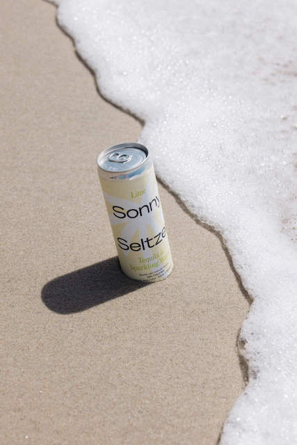 A can of Sonny Seltzer sitting in the sand, by the shoreline